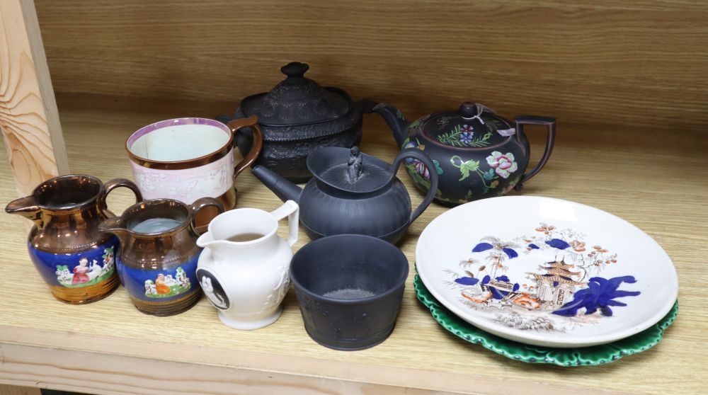 A group of 19th century Wedgwood etc. basalt wares, copper lustre and other British pottery